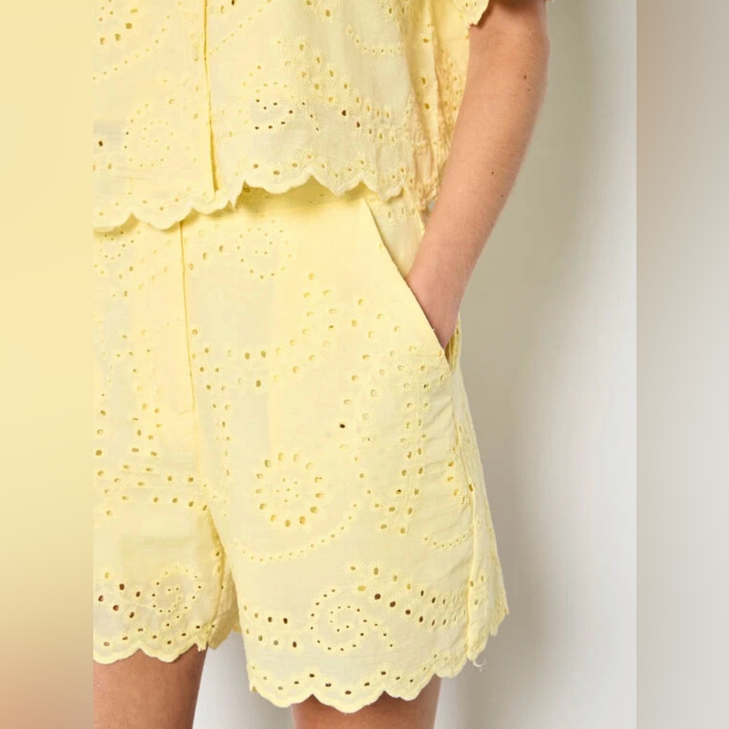 Apricot Pale Yellow Eyelet Cotton Bermuda Shorts